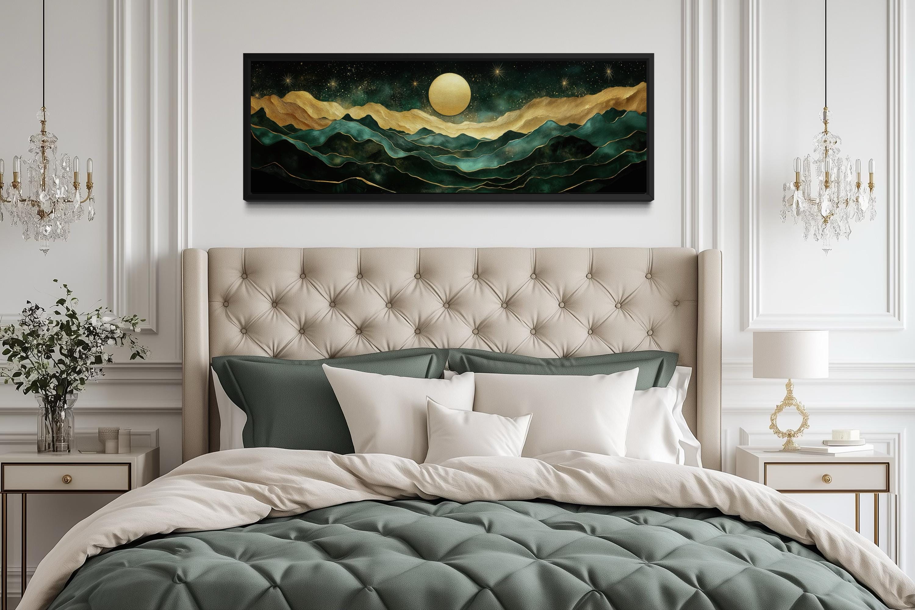 Emerald Green Long Narrow Wall Art | Gold Mountain And Moon Canvas - Luxury Panoramic Landscape Print