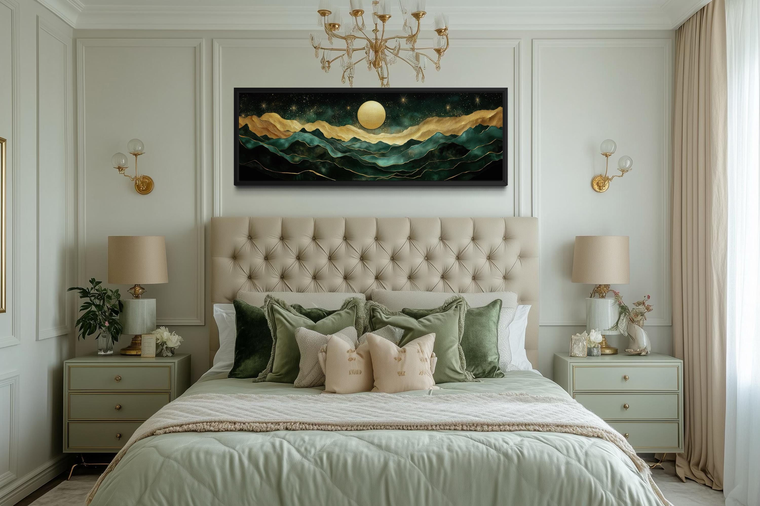 Emerald Green Long Narrow Wall Art | Gold Mountain And Moon Canvas - Luxury Panoramic Landscape Print