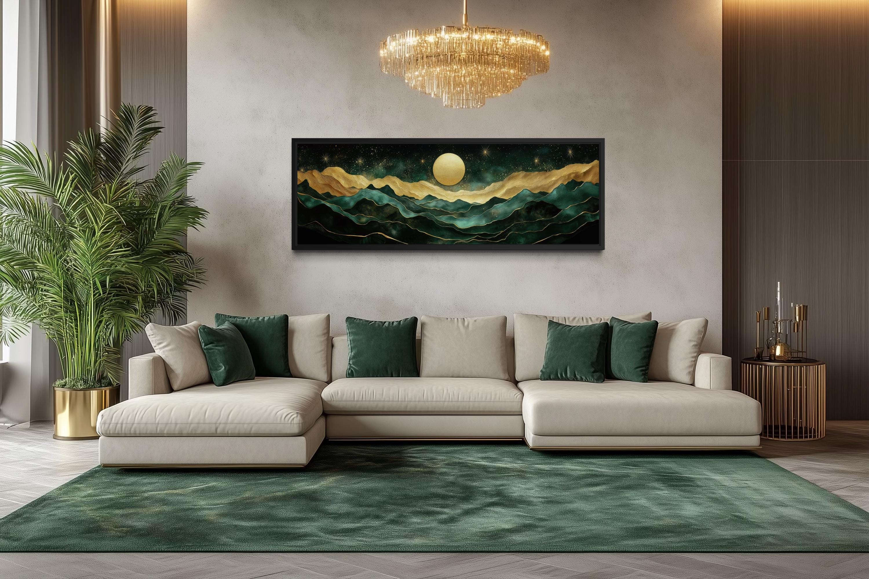 Emerald Green Long Narrow Wall Art | Gold Mountain And Moon Canvas - Luxury Panoramic Landscape Print