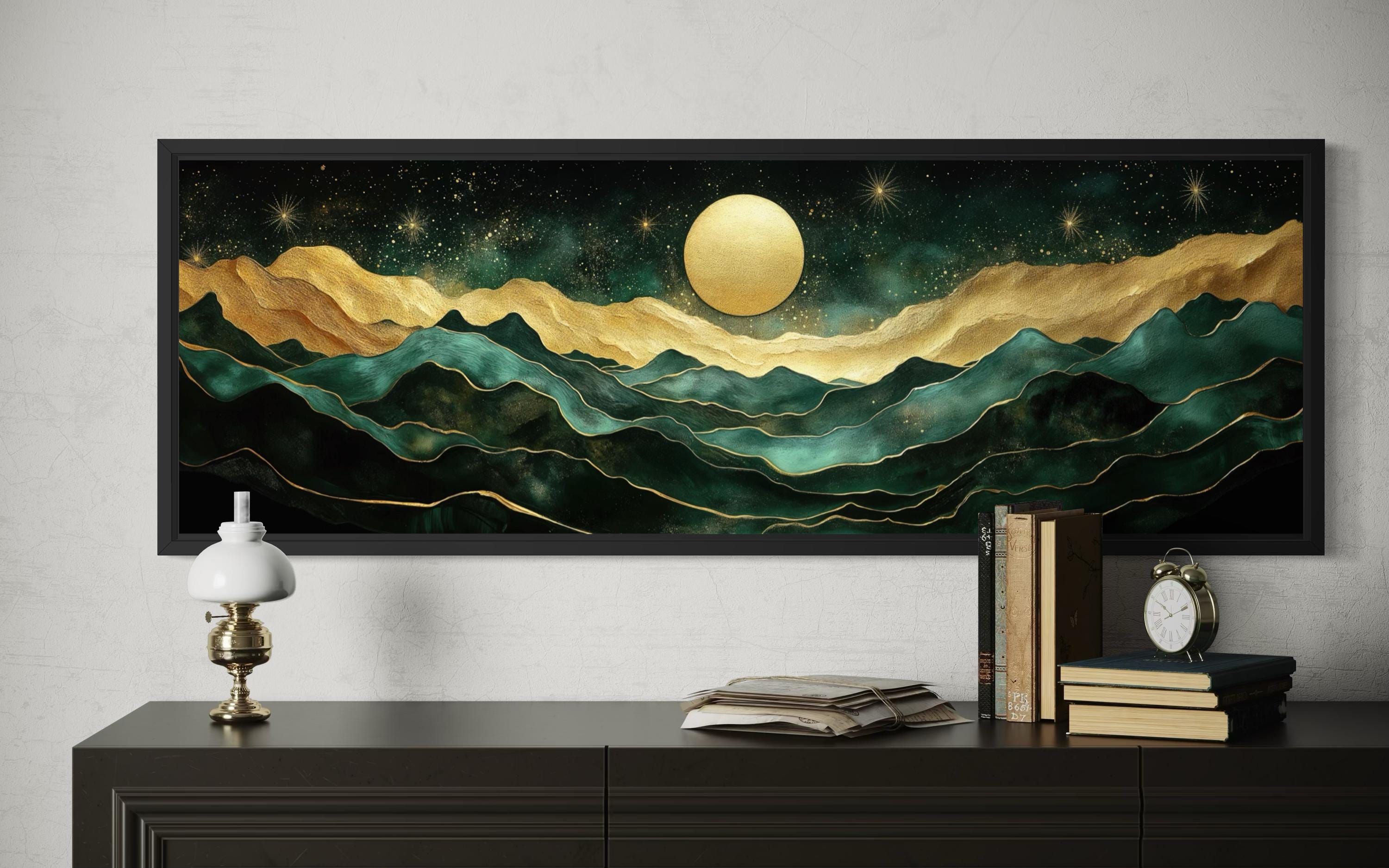 Emerald Green Long Narrow Wall Art | Gold Mountain And Moon Canvas - Luxury Panoramic Landscape Print