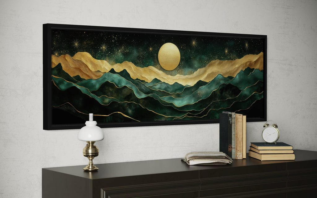 Emerald Green Long Narrow Wall Art | Gold Mountain And Moon Canvas - Luxury Panoramic Landscape Print