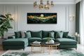 Emerald Green Long Narrow Wall Art | Gold Mountain And Moon Canvas - Luxury Panoramic Landscape Print