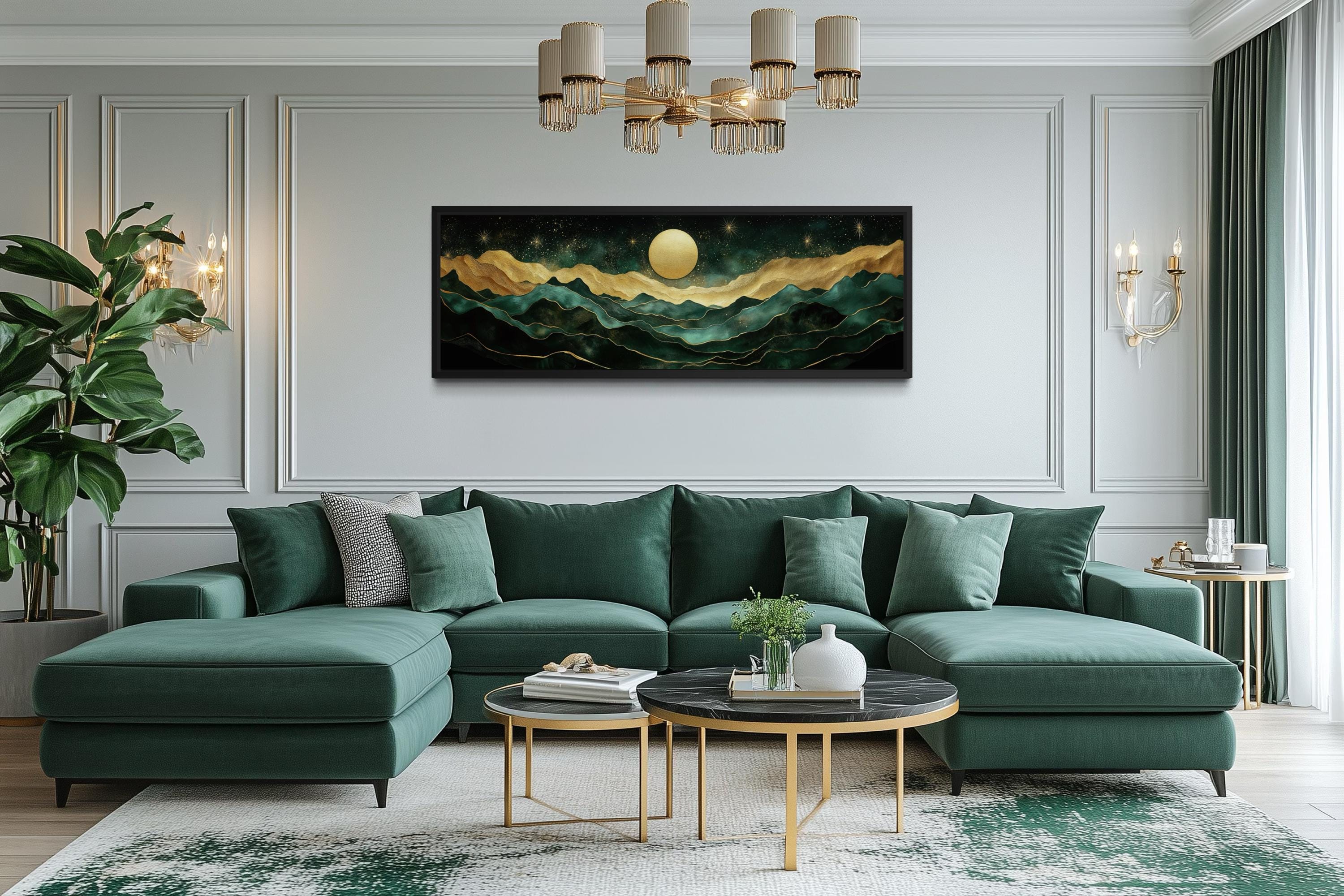 Emerald Green Long Narrow Wall Art | Gold Mountain And Moon Canvas - Luxury Panoramic Landscape Print