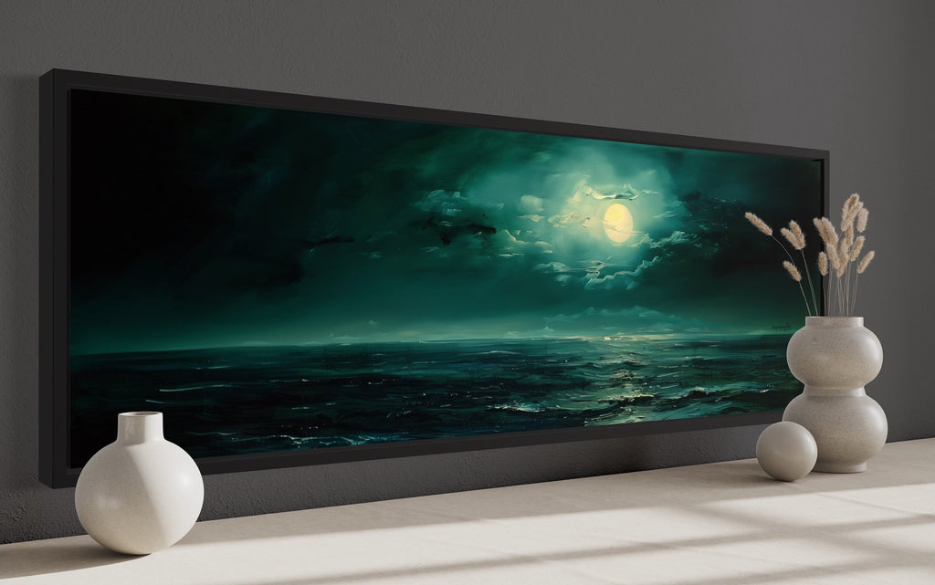 Emerald Green Ocean Seascape With Moon Over Bed Wall Art