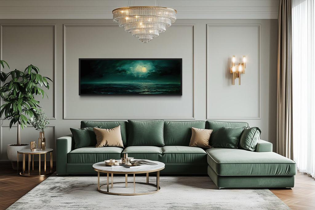 Emerald Green Ocean Seascape With Moon Over Bed Wall Art
