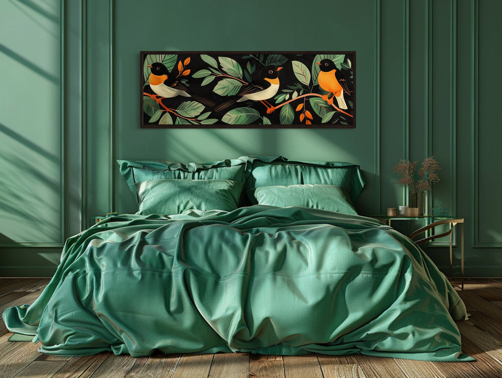 Exotic Birds In The Jungle Tropical Long Horizontal Framed Canvas Wall Art