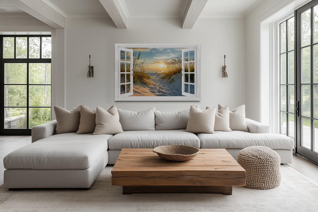 Fake Open Window View Beach Sunset Canvas Wall Art With Dunes and Beach Grass