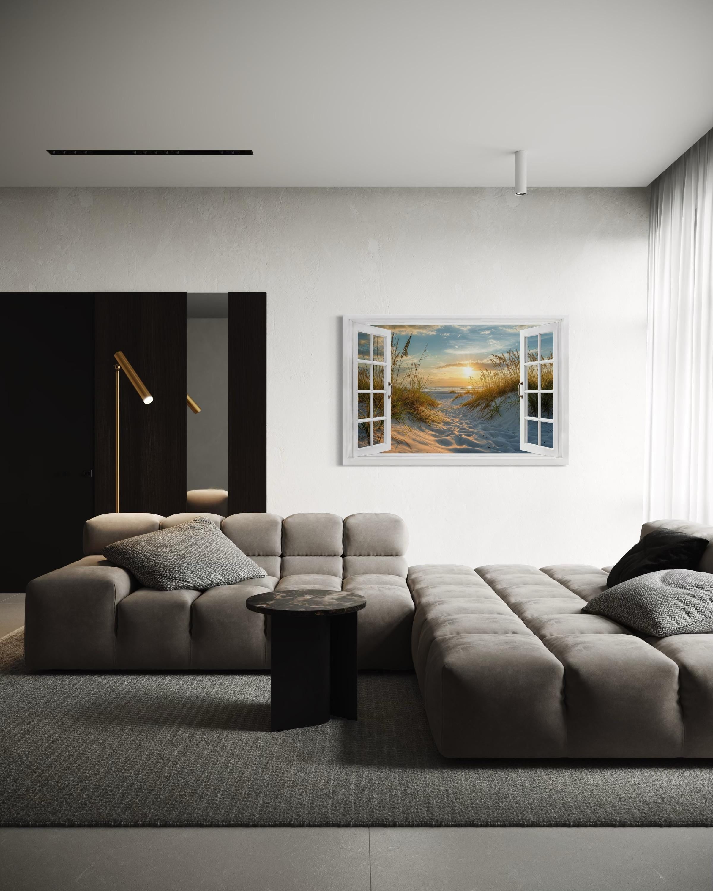 Fake Open Window View Beach Sunset Canvas Wall Art With Dunes and Beach Grass