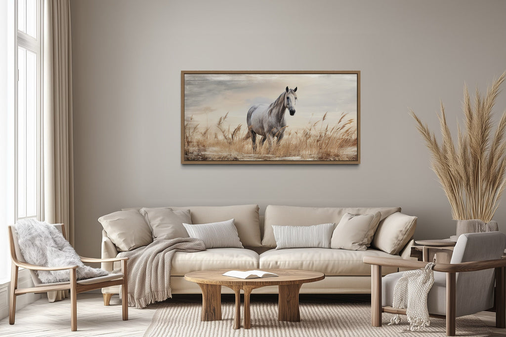 Farm Horse in The Wheat Field Farmhouse Framed Canvas Wall Art