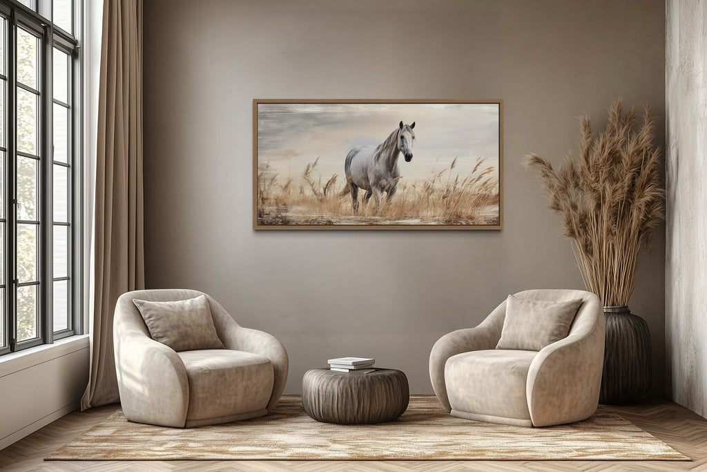 Farm Horse in The Wheat Field Farmhouse Framed Canvas Wall Art
