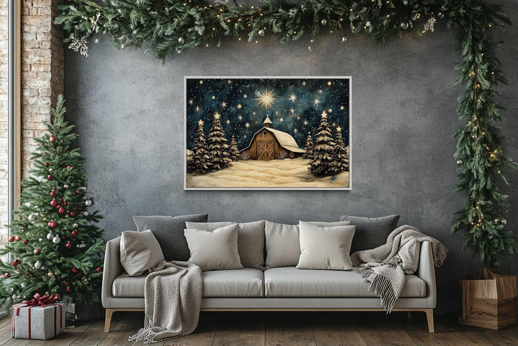 Farmhouse Christmas Barn In Snow Framed Canvas Wall Art For Above Mantel