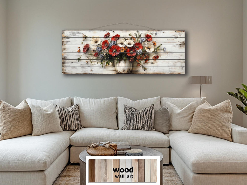 Farmhouse Floral Vase Long Horizontal Distressed Wood Wall Art