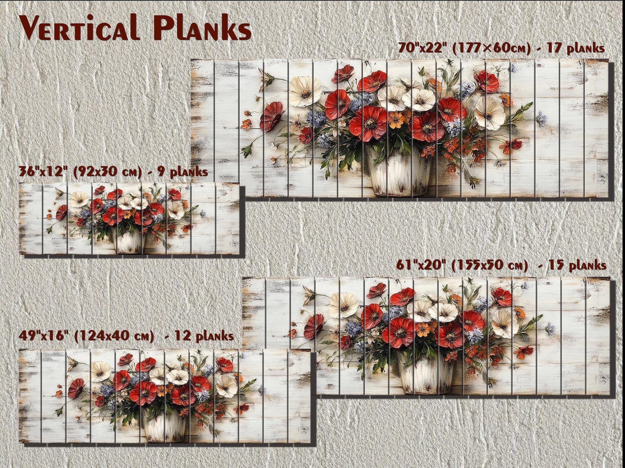 Farmhouse Floral Vase Long Horizontal Distressed Wood Wall Art