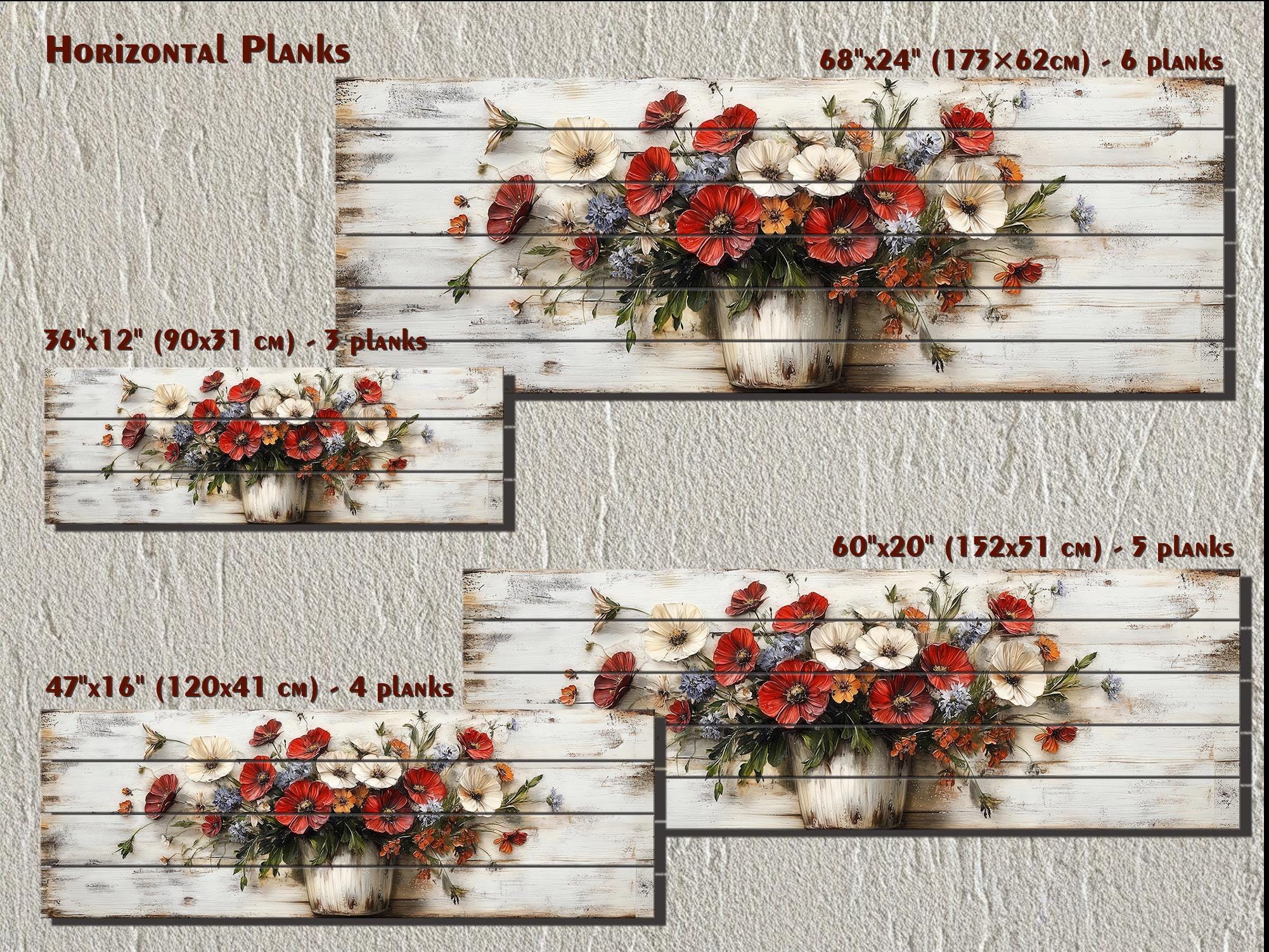 Farmhouse Floral Vase Long Horizontal Distressed Wood Wall Art