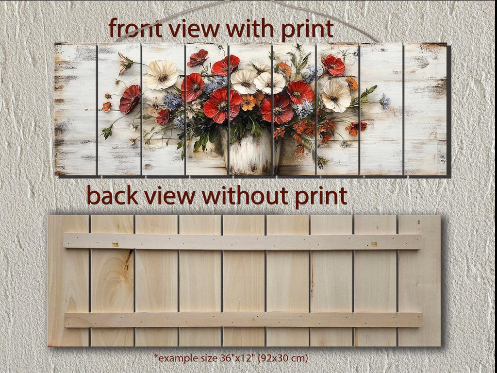 Farmhouse Floral Vase Long Horizontal Distressed Wood Wall Art