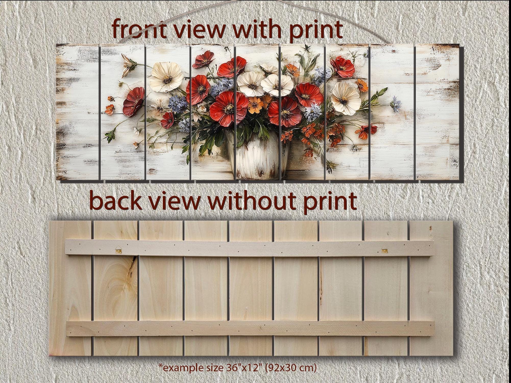 Farmhouse Floral Vase Long Horizontal Distressed Wood Wall Art
