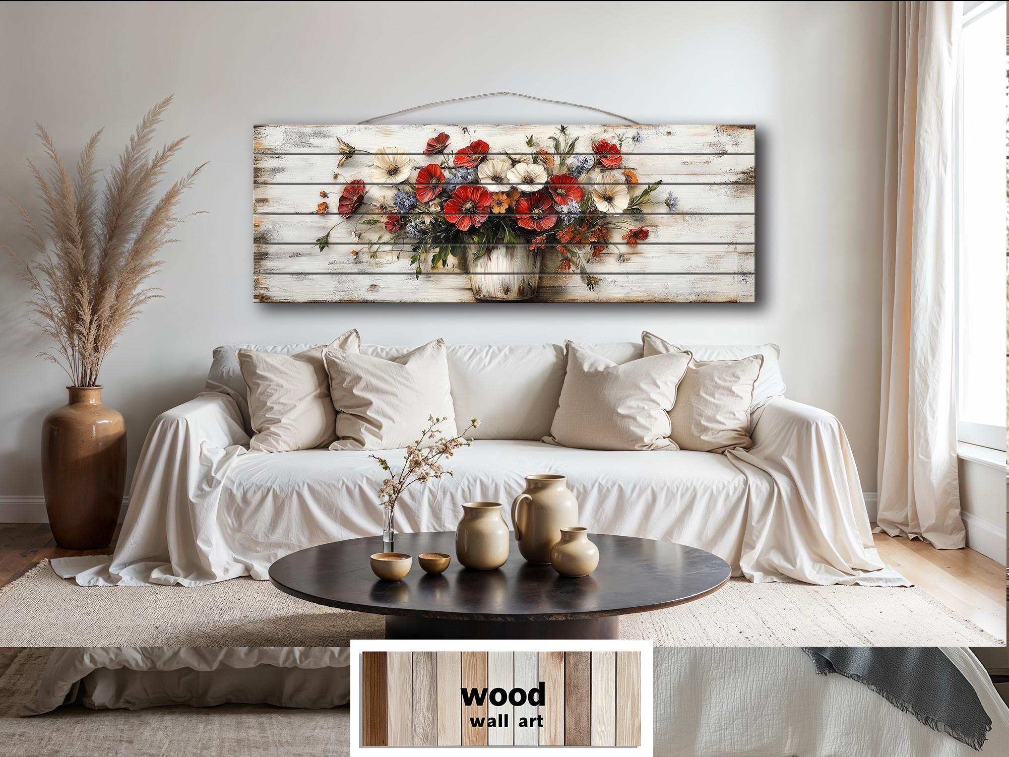 Farmhouse Floral Vase Long Horizontal Distressed Wood Wall Art