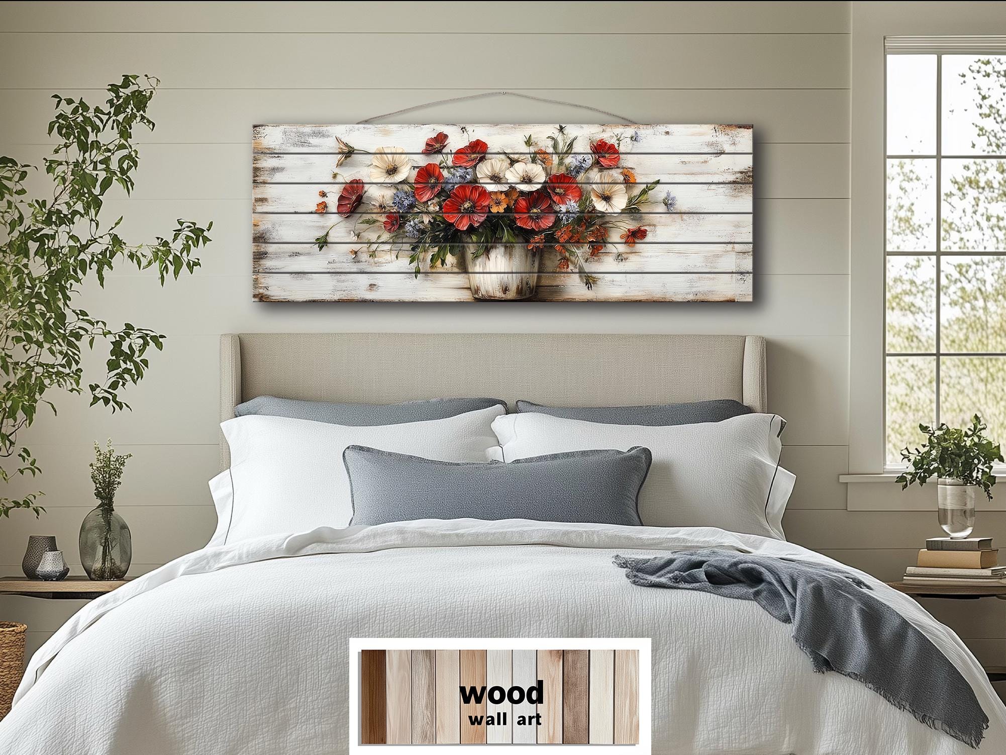 Farmhouse Floral Vase Long Horizontal Distressed Wood Wall Art