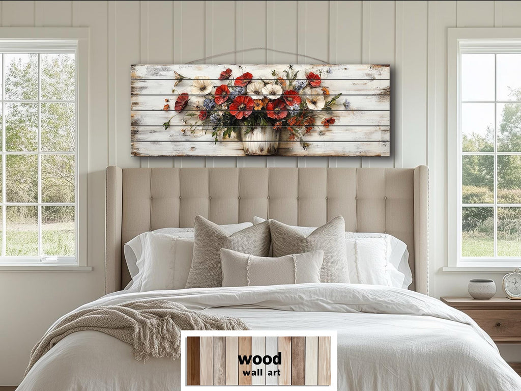 Farmhouse Floral Vase Long Horizontal Distressed Wood Wall Art