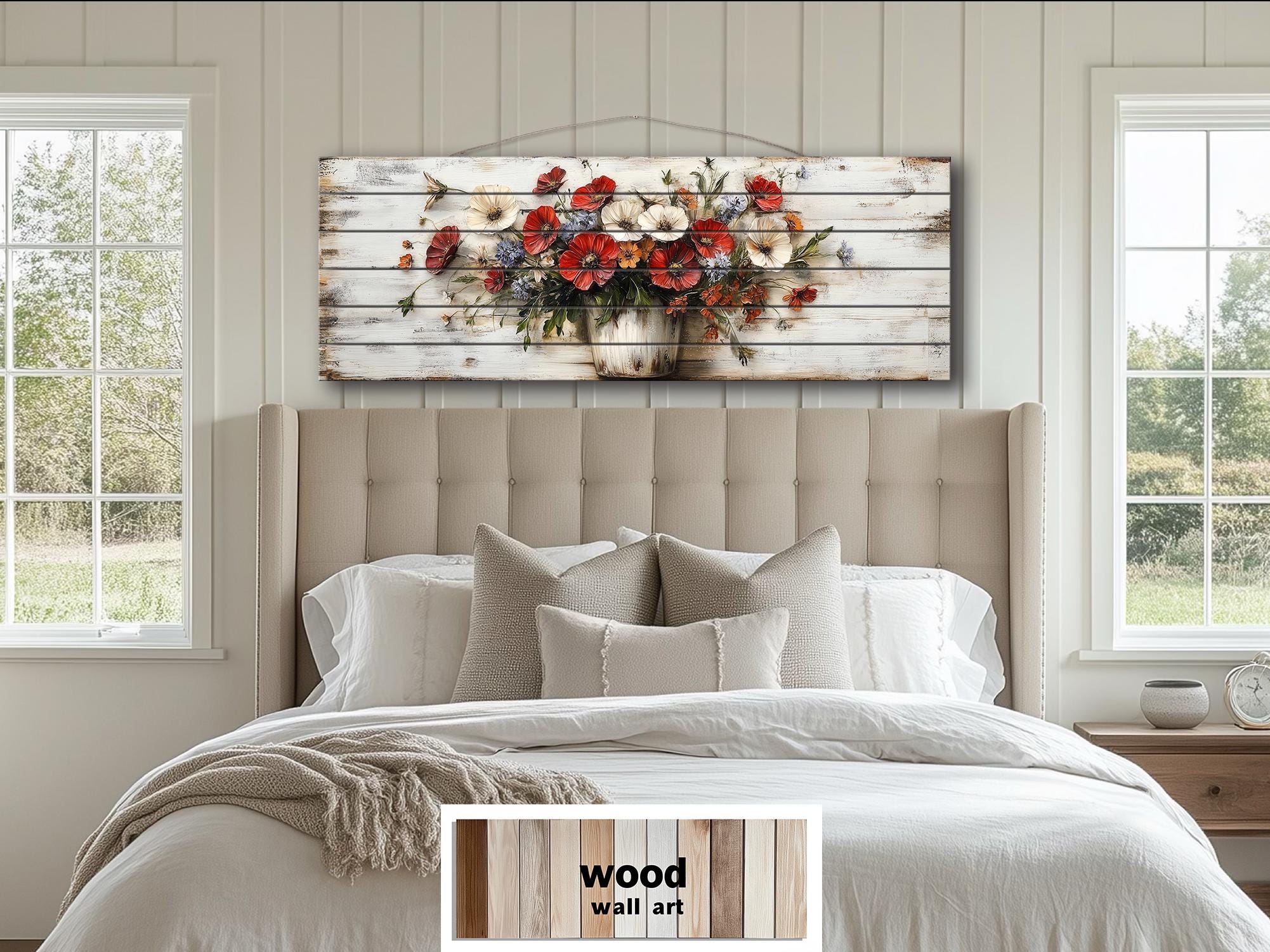 Farmhouse Floral Vase Long Horizontal Distressed Wood Wall Art