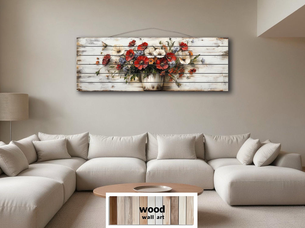 Farmhouse Floral Vase Long Horizontal Distressed Wood Wall Art
