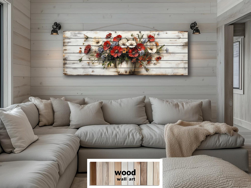 Farmhouse Floral Vase Long Horizontal Distressed Wood Wall Art