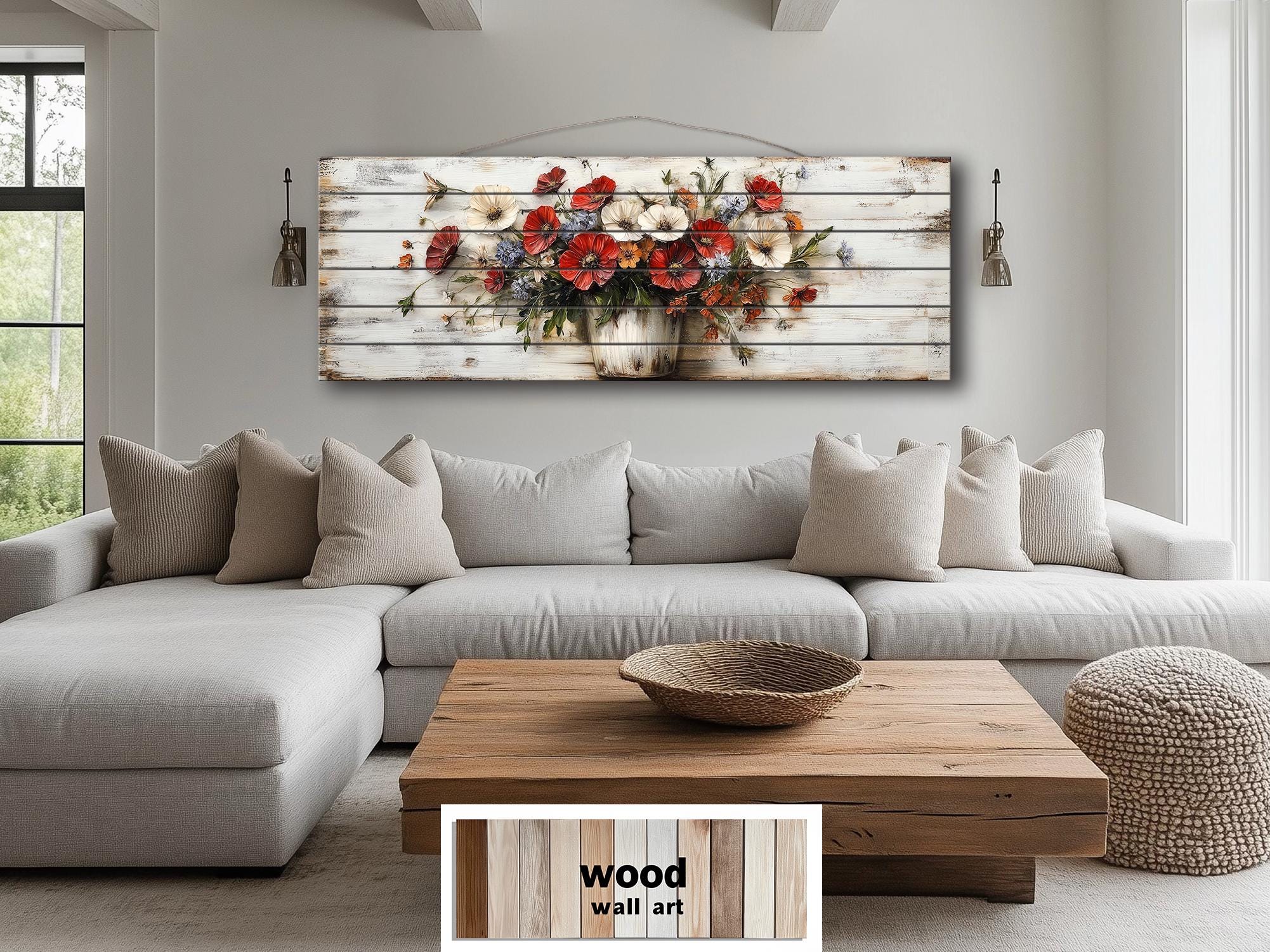 Farmhouse Floral Vase Long Horizontal Distressed Wood Wall Art
