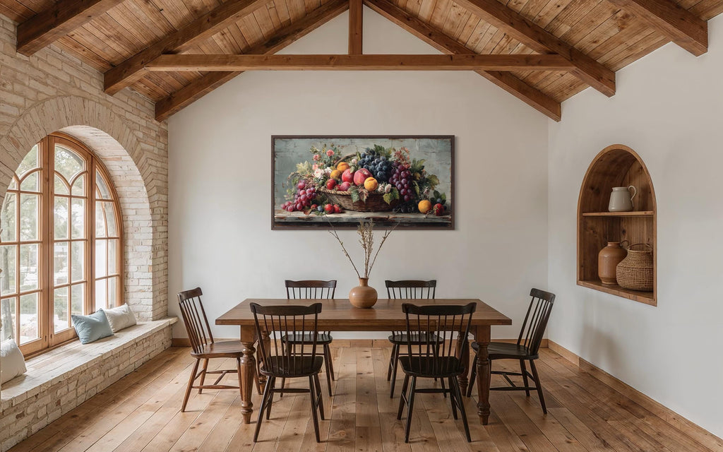 Farmhouse Kitchen Wall Art – Rustic Fruit Still Life Canvas With Grapes, Peaches & Apples Print