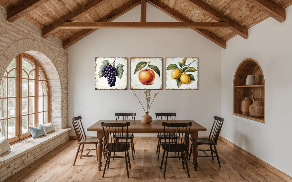 Farmhouse Kitchen Wall Art – Vintage Fruit Canvas Triptych | Grapes Peach Lemon Set