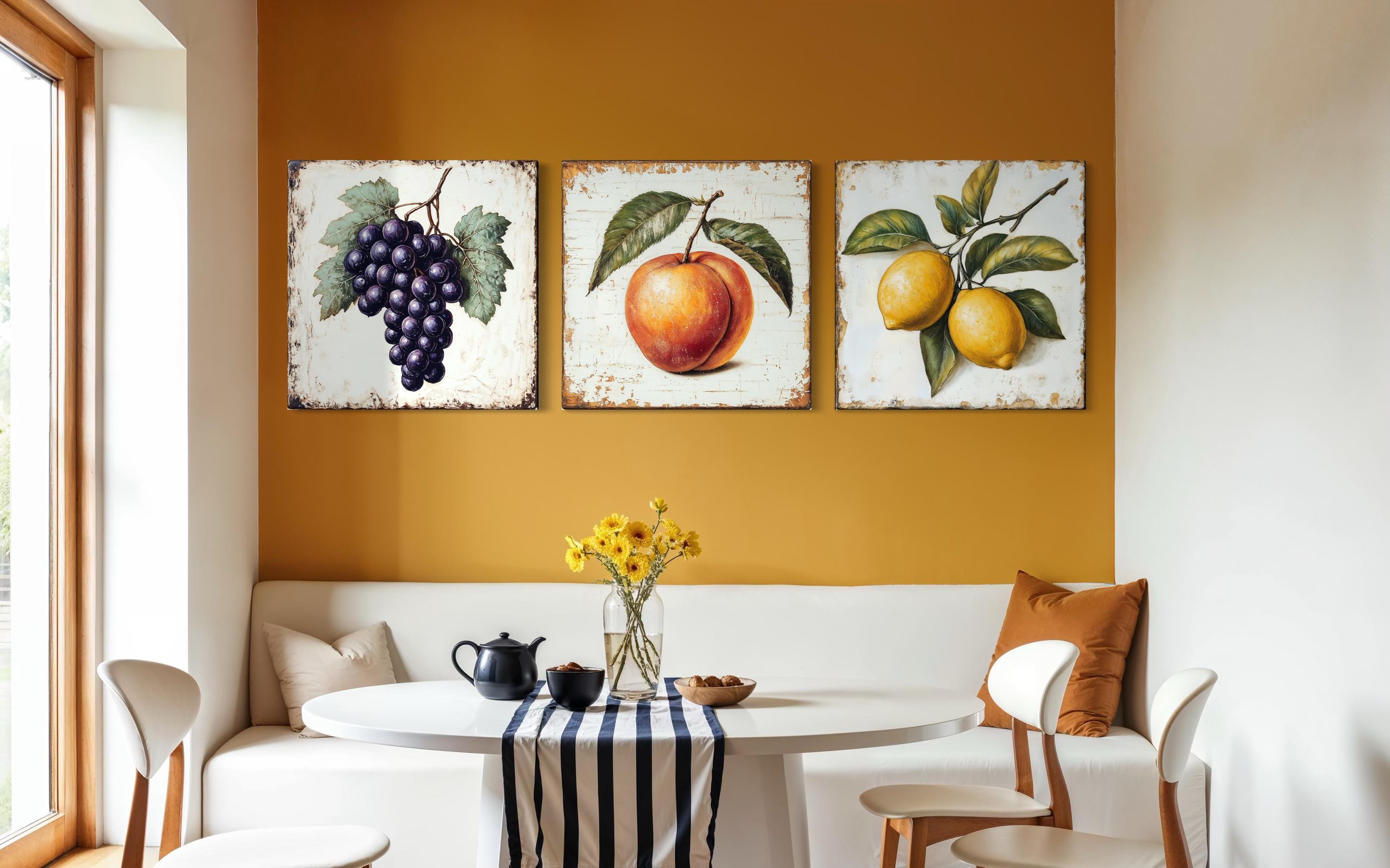 Farmhouse Kitchen Wall Art – Vintage Fruit Canvas Triptych | Grapes Peach Lemon Set