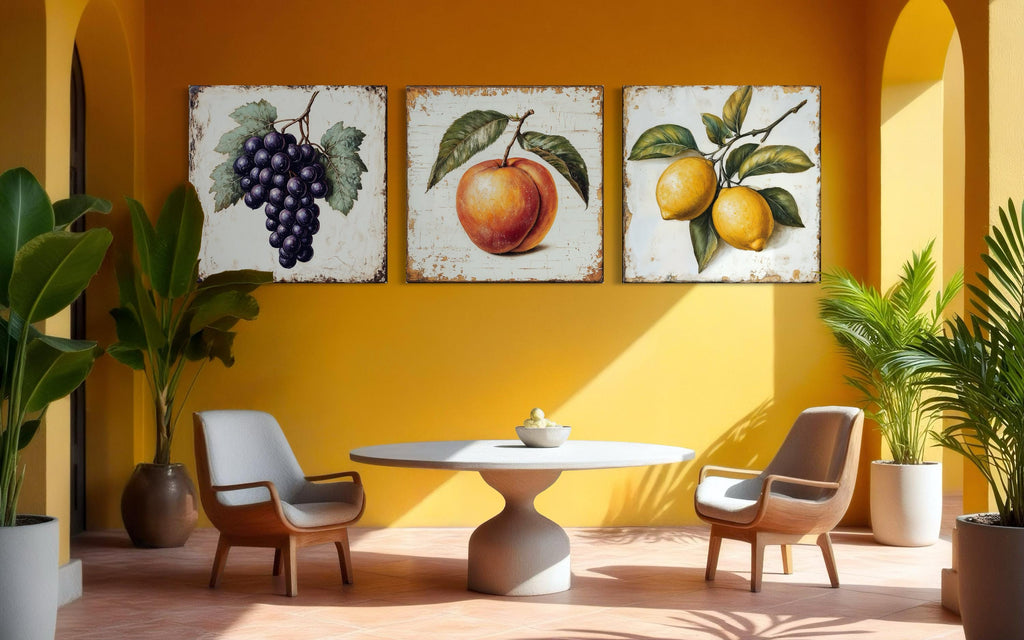 Farmhouse Kitchen Wall Art – Vintage Fruit Canvas Triptych | Grapes Peach Lemon Set