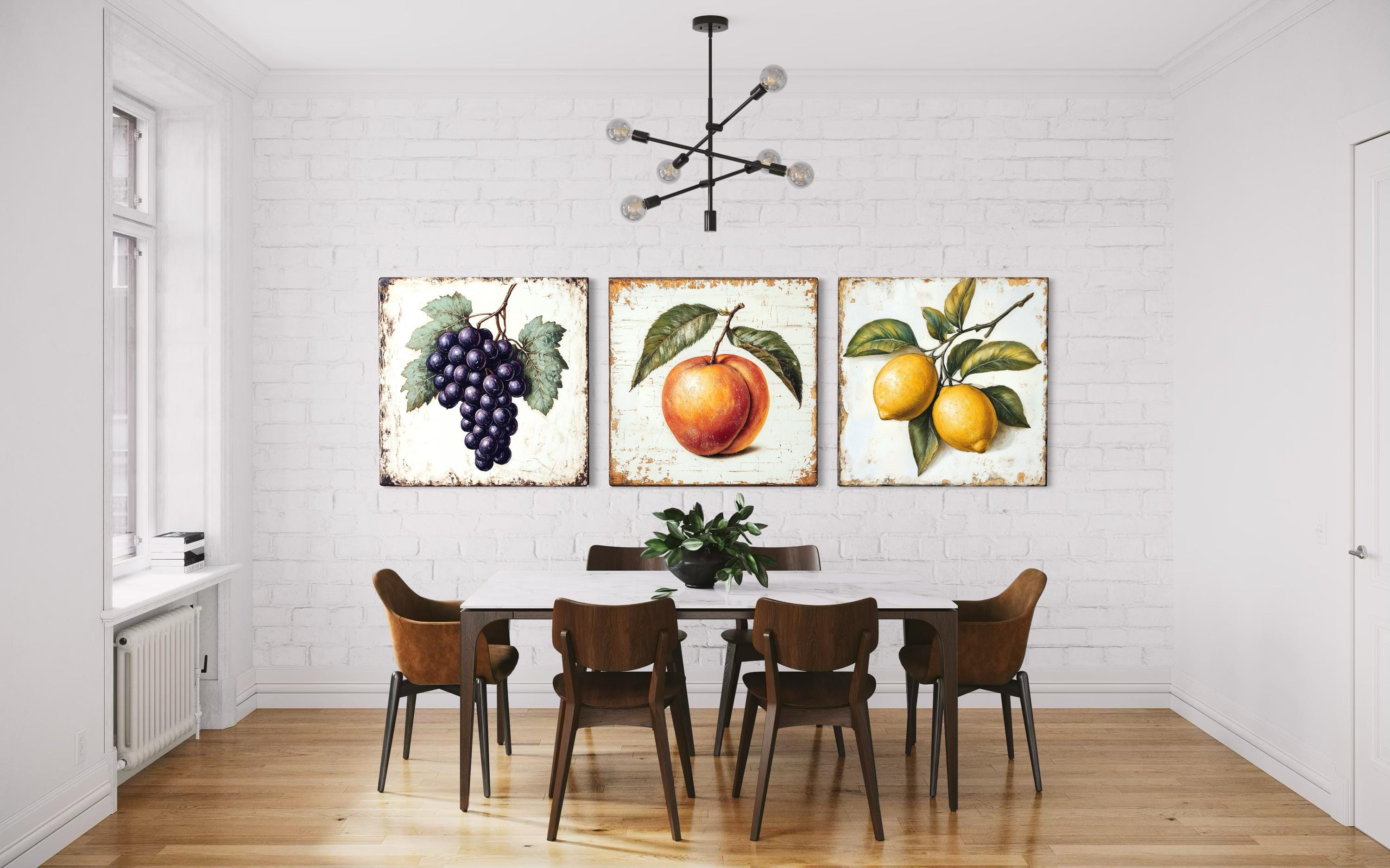 Farmhouse Kitchen Wall Art – Vintage Fruit Canvas Triptych | Grapes Peach Lemon Set