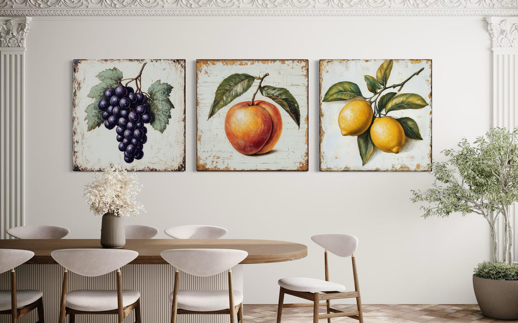 Farmhouse Kitchen Wall Art – Vintage Fruit Canvas Triptych | Grapes Peach Lemon Set