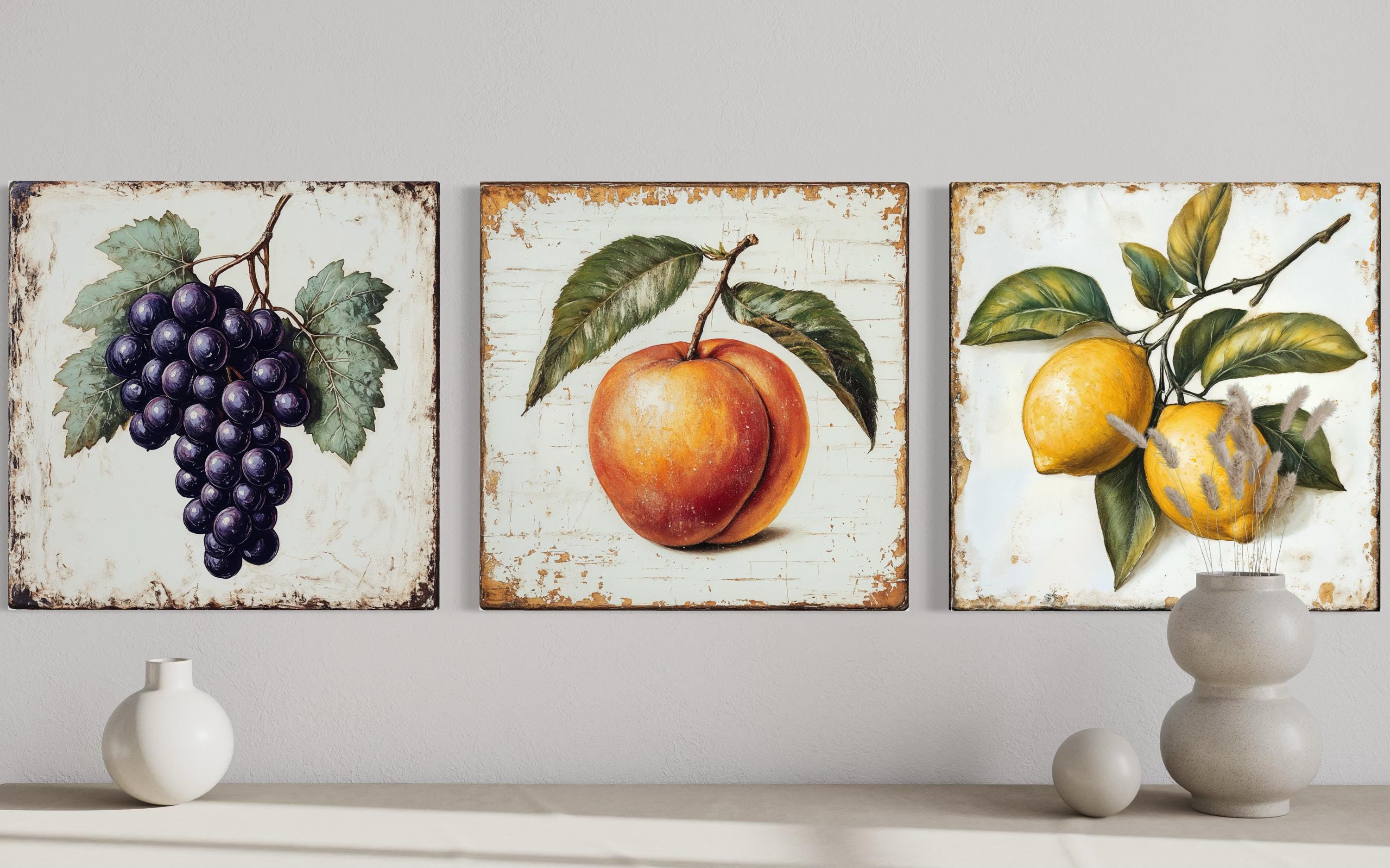 Farmhouse Kitchen Wall Art – Vintage Fruit Canvas Triptych | Grapes Peach Lemon Set