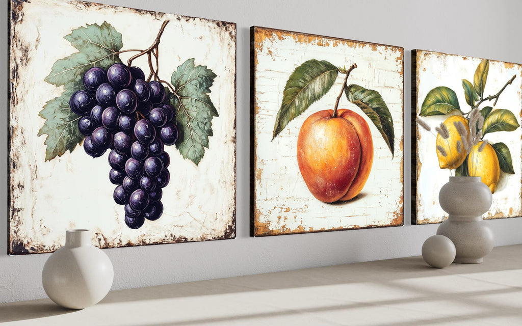 Farmhouse Kitchen Wall Art – Vintage Fruit Canvas Triptych | Grapes Peach Lemon Set