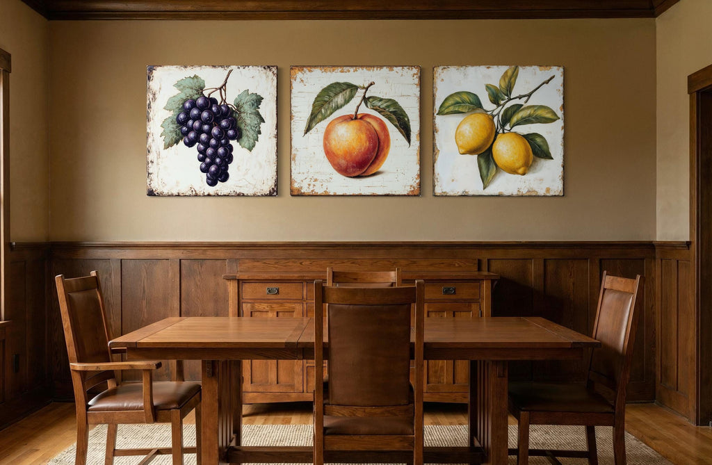 Farmhouse Kitchen Wall Art – Vintage Fruit Canvas Triptych | Grapes Peach Lemon Set