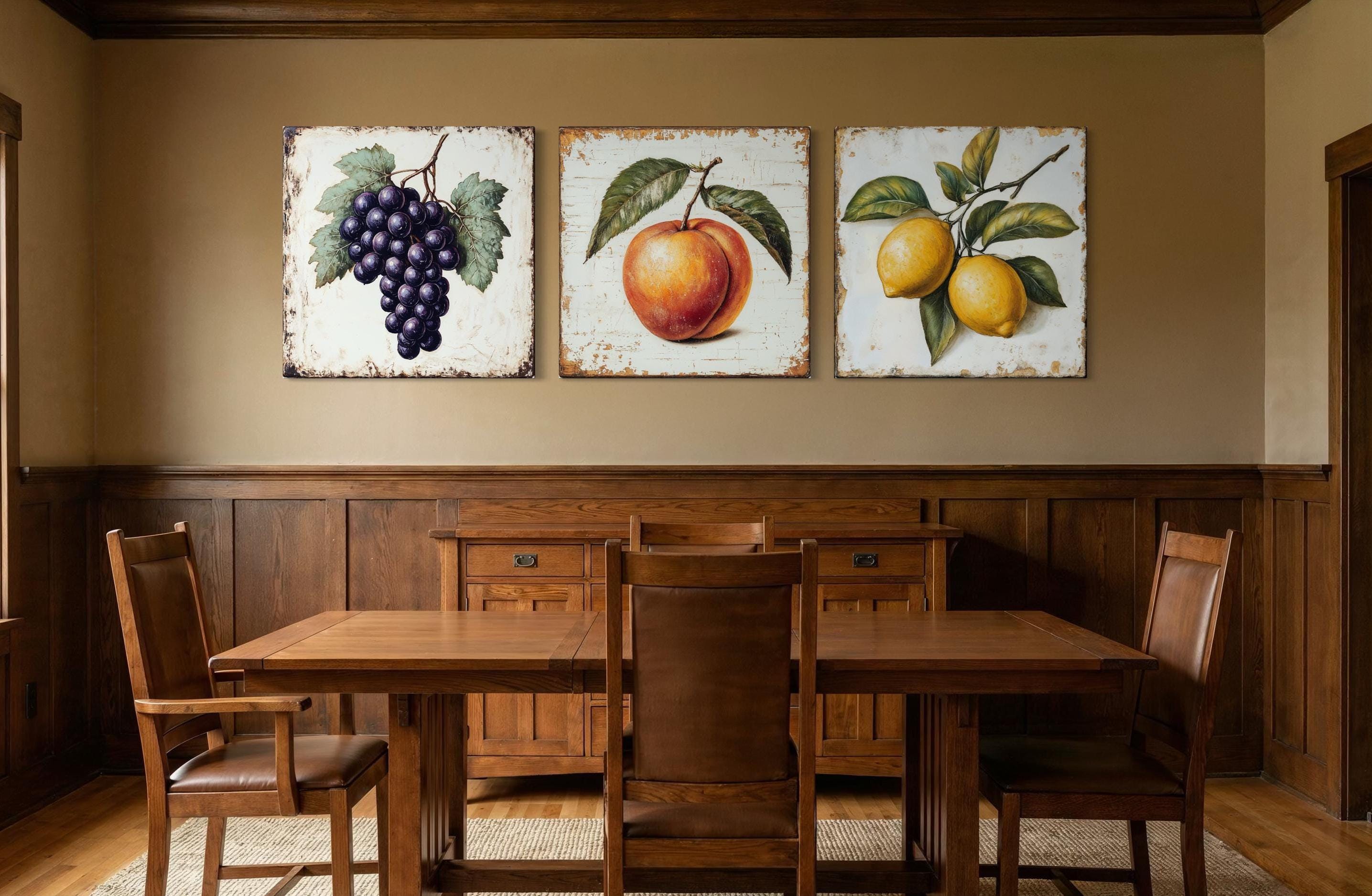 Farmhouse Kitchen Wall Art – Vintage Fruit Canvas Triptych | Grapes Peach Lemon Set