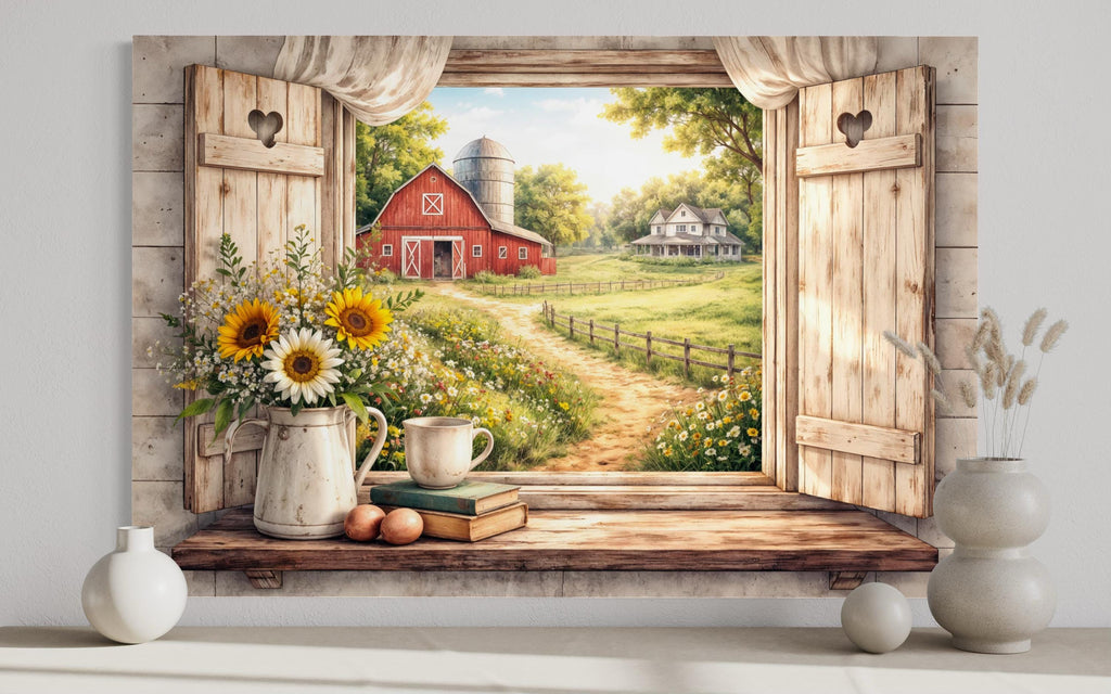 Farmhouse Window Wall Art - Rustic Country Barn Canvas With Cozy Cottage Landscape