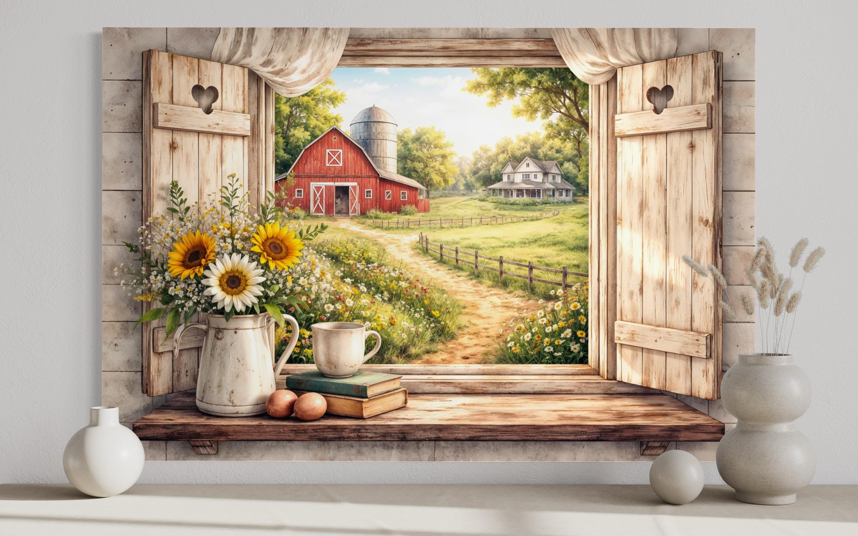 Farmhouse Window Wall Art - Rustic Country Barn Canvas With Cozy Cottage Landscape