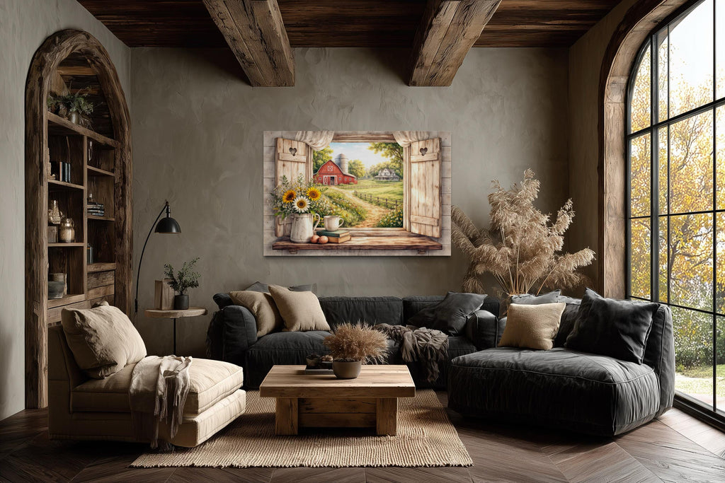 Farmhouse Window Wall Art - Rustic Country Barn Canvas With Cozy Cottage Landscape