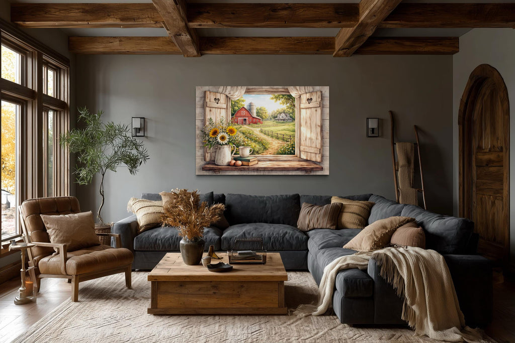 Farmhouse Window Wall Art - Rustic Country Barn Canvas With Cozy Cottage Landscape