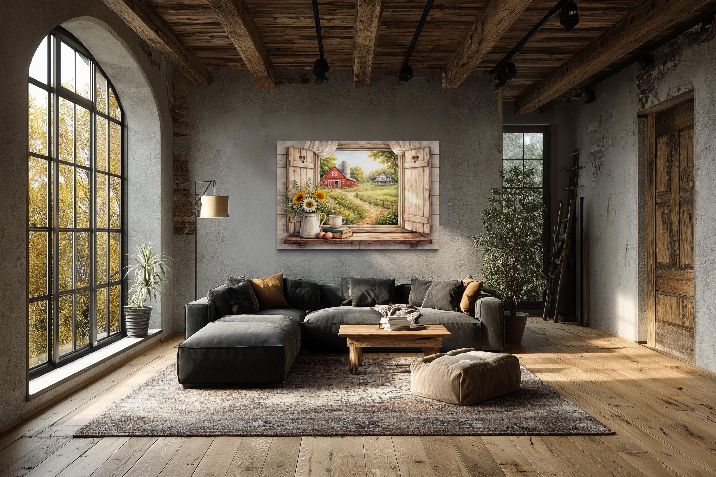 Farmhouse Window Wall Art - Rustic Country Barn Canvas With Cozy Cottage Landscape