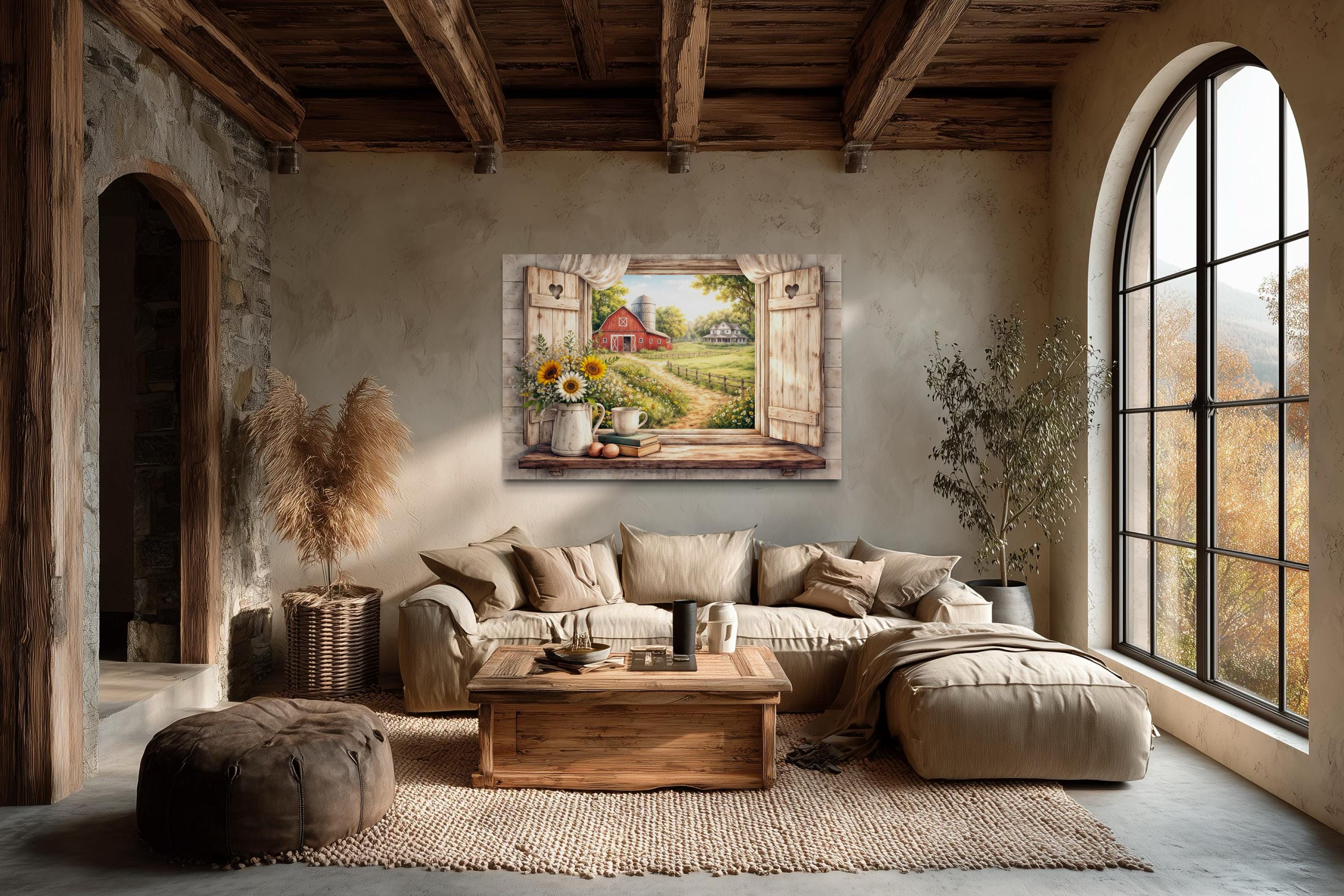 Farmhouse Window Wall Art - Rustic Country Barn Canvas With Cozy Cottage Landscape