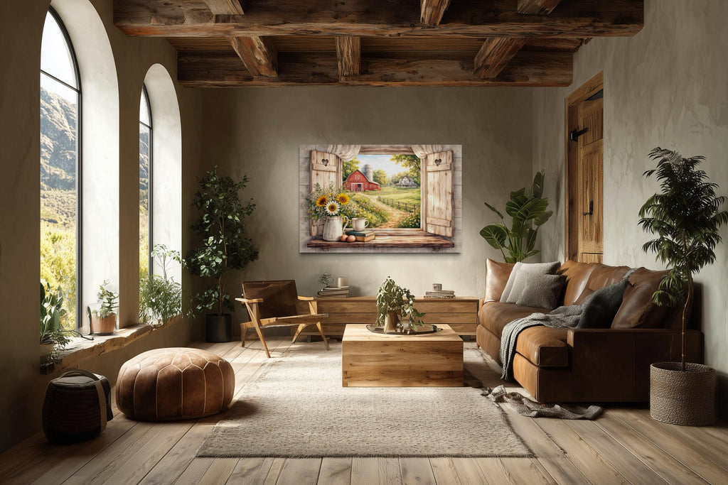 Farmhouse Window Wall Art - Rustic Country Barn Canvas With Cozy Cottage Landscape
