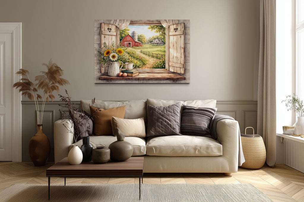 Farmhouse Window Wall Art - Rustic Country Barn Canvas With Cozy Cottage Landscape