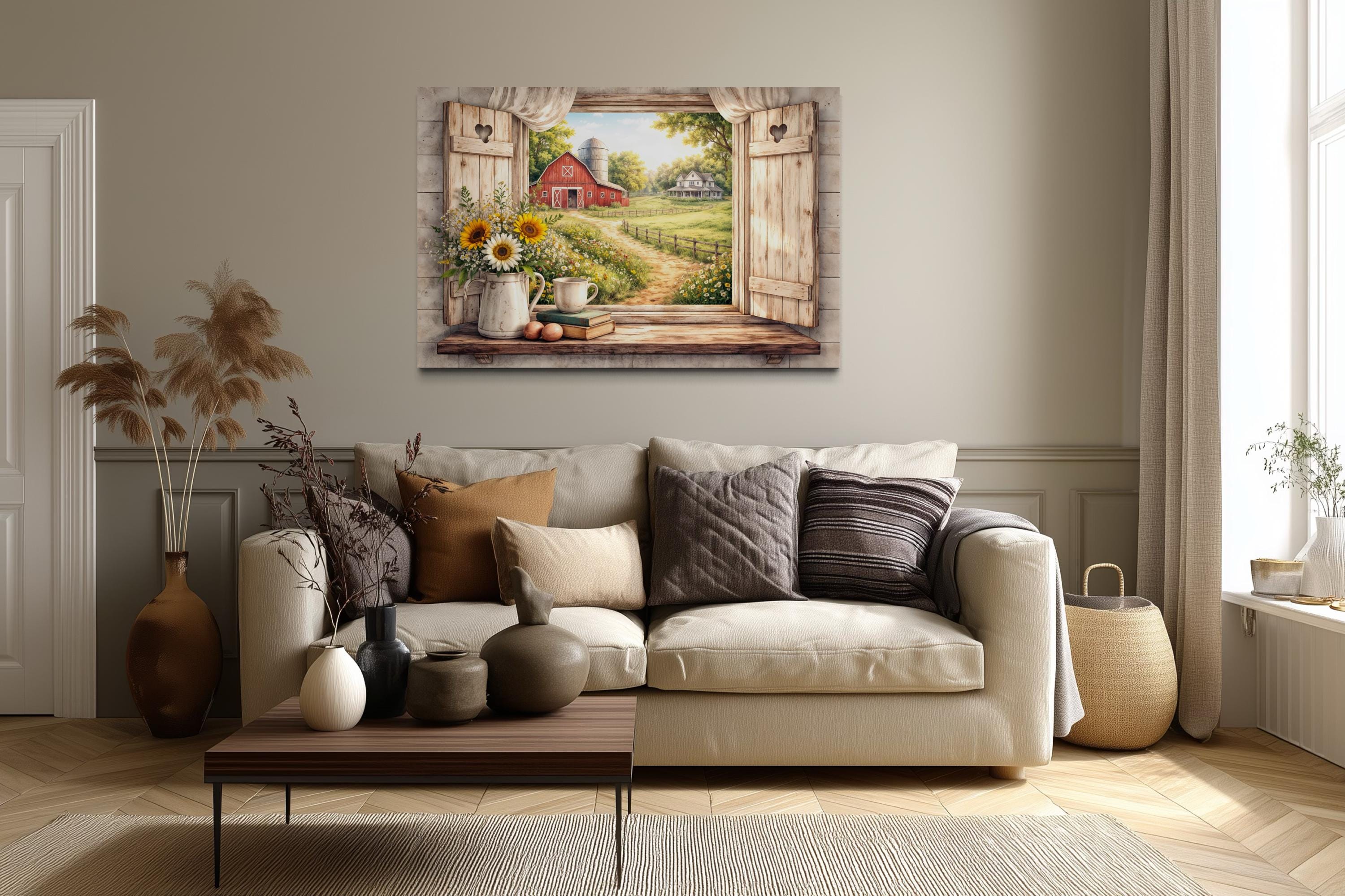 Farmhouse Window Wall Art - Rustic Country Barn Canvas With Cozy Cottage Landscape
