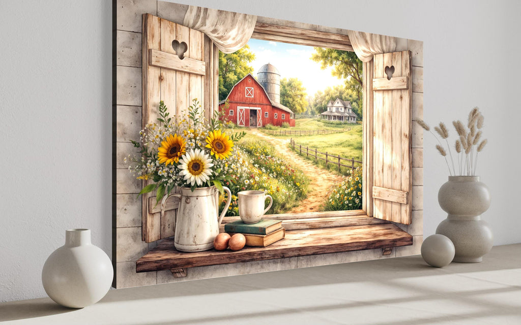 Farmhouse Window Wall Art - Rustic Country Barn Canvas With Cozy Cottage Landscape