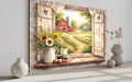 Farmhouse Window Wall Art - Rustic Country Barn Canvas With Cozy Cottage Landscape