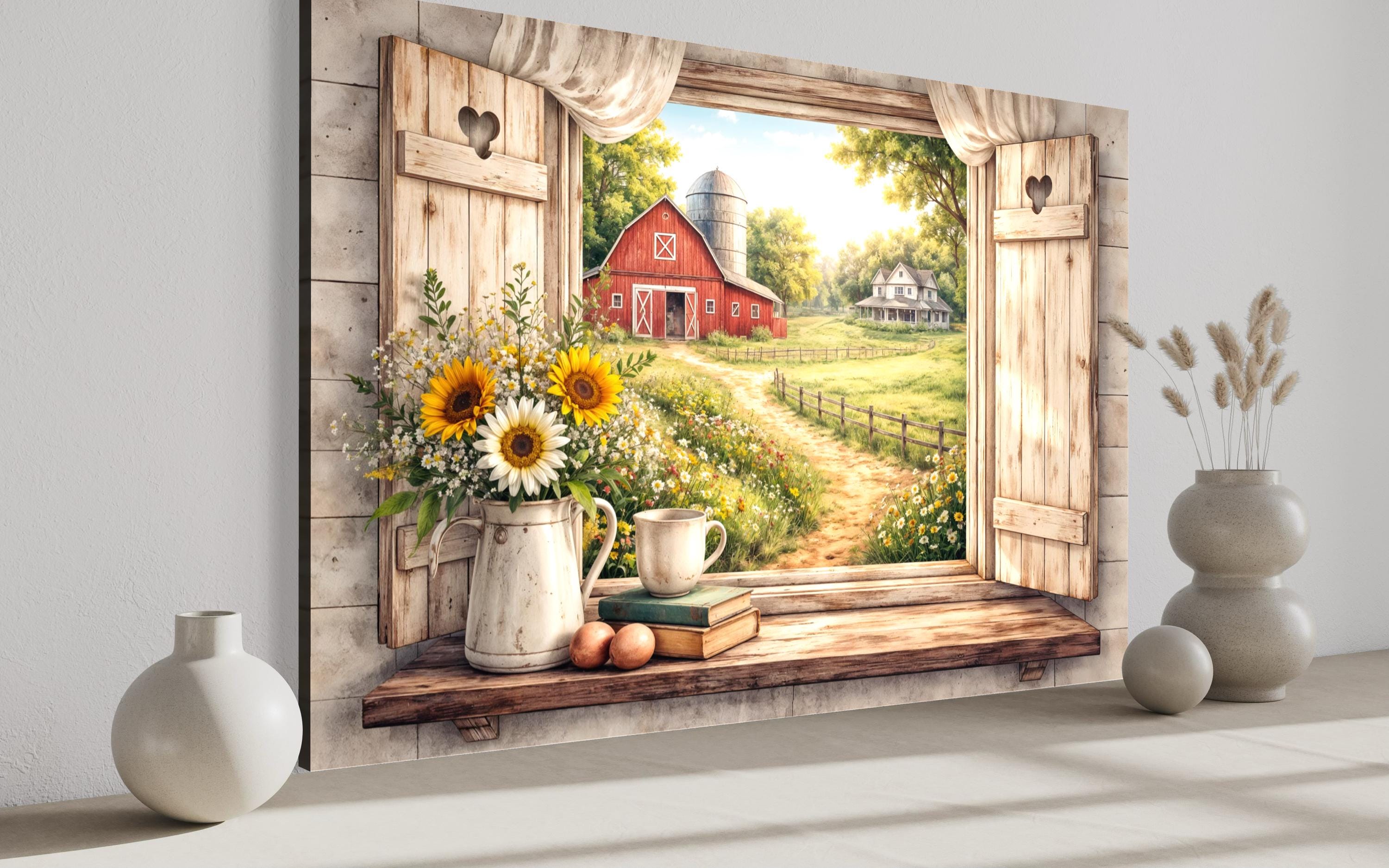 Farmhouse Window Wall Art - Rustic Country Barn Canvas With Cozy Cottage Landscape