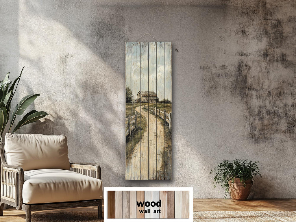 Farmhouse Wood Wall Art - Tall Narrow Distressed Barn Landscape Print | Rustic Wood Decor